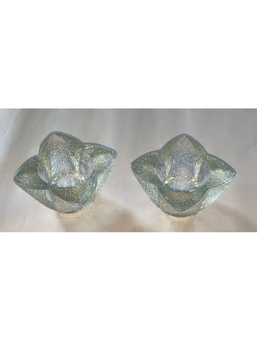 Pair of Textured Glass Flower-Shaped Candle Holders- Heavy
